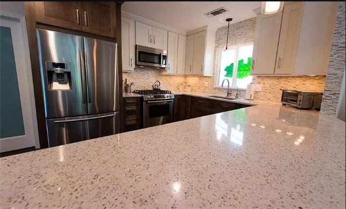 white diamond quartz countertop bathroom
