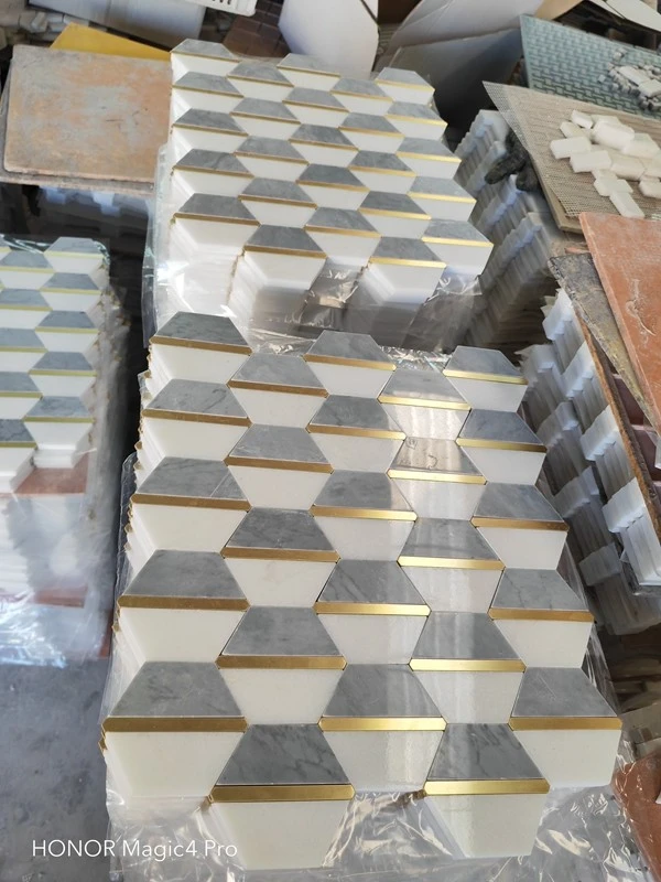 Thassos marble mosaic with copper